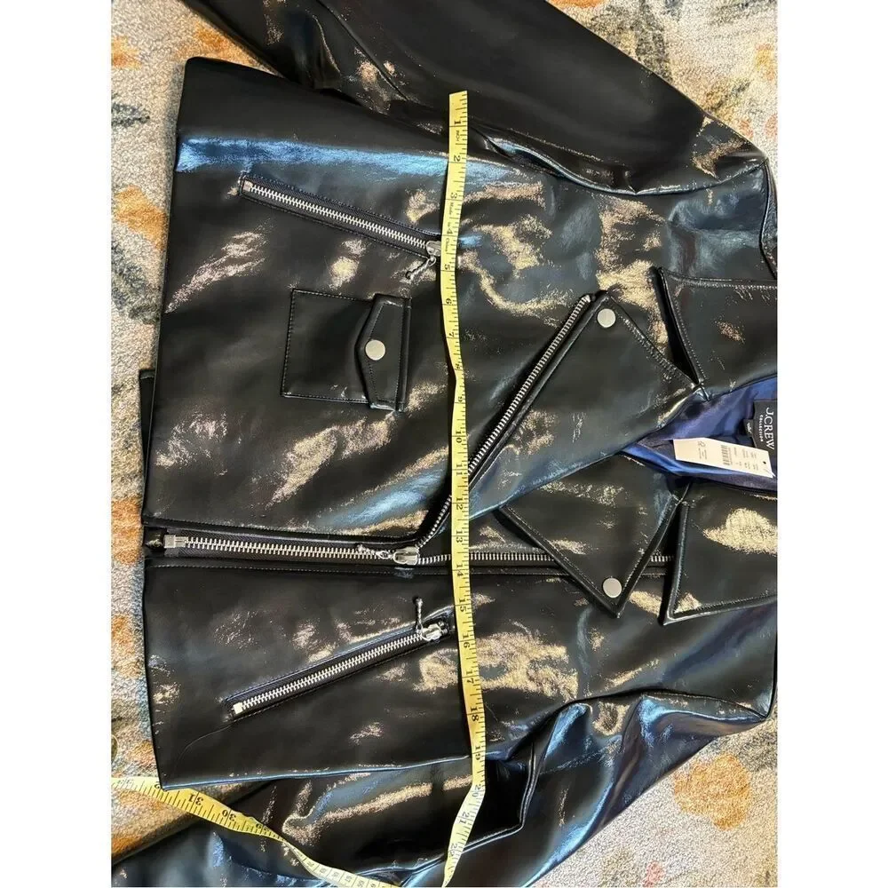 J.Crew Collection Black Cropped Moto Jacket In Faux Patent Leather Sz Large NWT